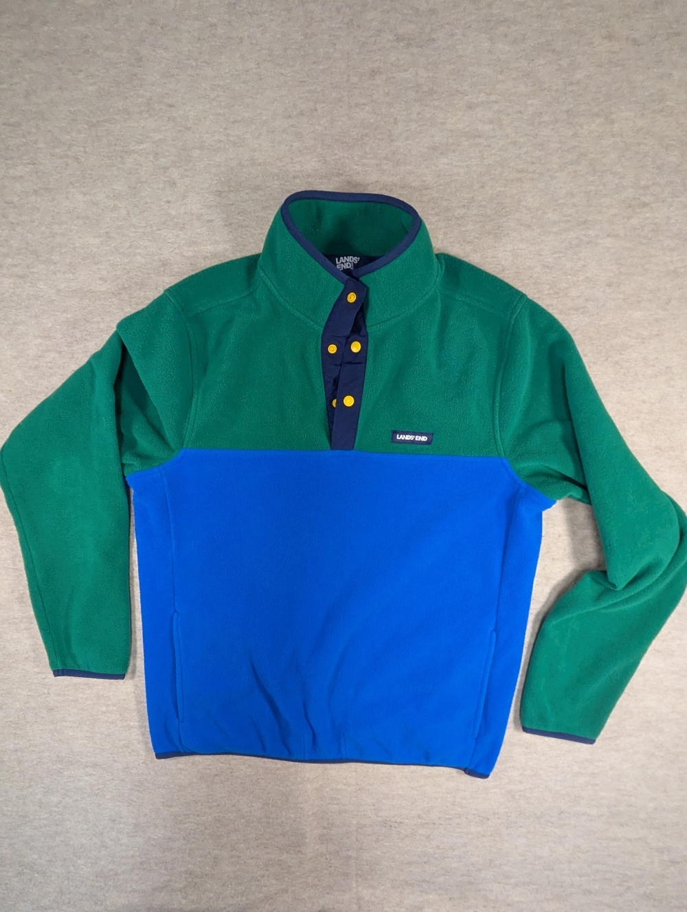 Lands' End Color Block Green & Royal Blue Snap Pullover Fleece Pockets Size Med